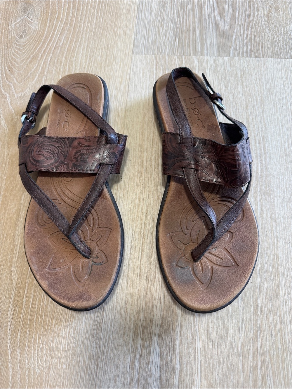b.o.c. Dark Brown Floral Embossed Leather Thong Sandals